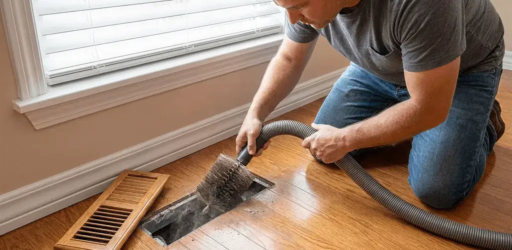 Air duct cleaning technician vacuuming a floor vent and duct opening in Staten Island, NY