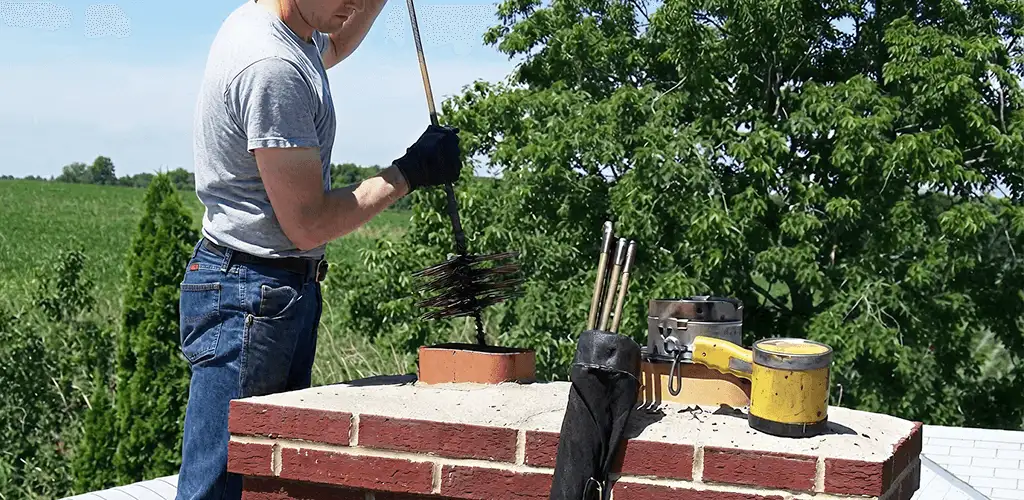 Chimney cleaning technician working on a rooftop chimney with professional tools in Staten Island, NY