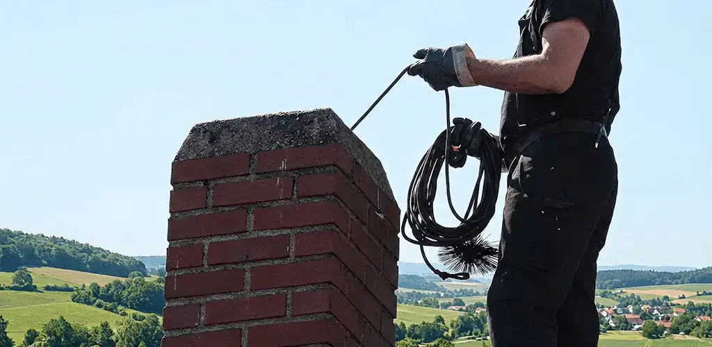Chimney sweep inspecting and cleaning a rooftop chimney in Staten Island, NY