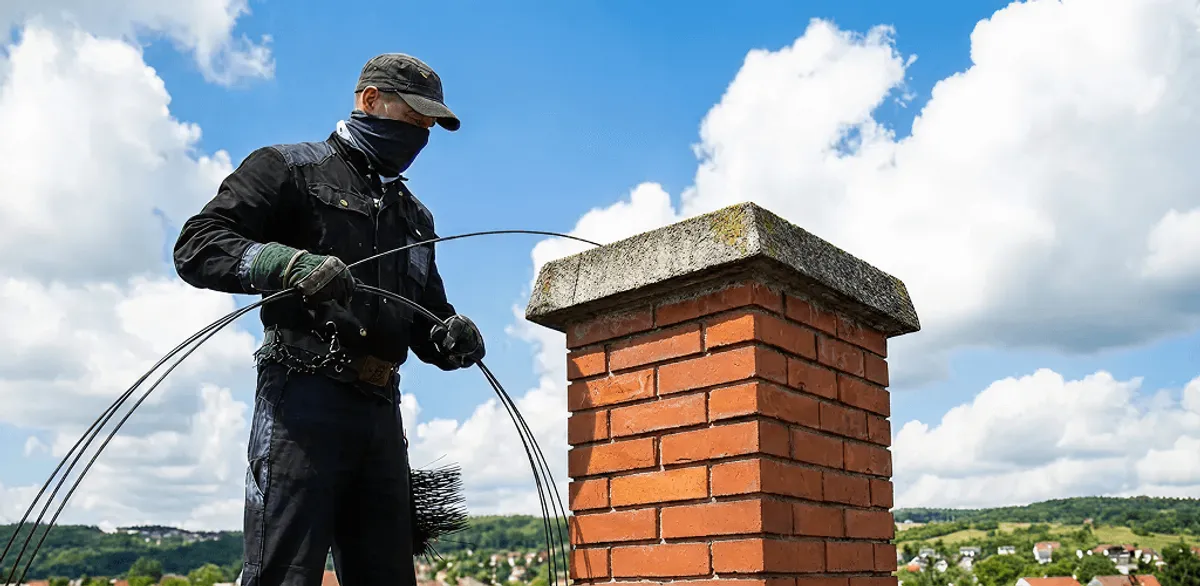 Chimney sweep cleaning a brick chimney with professional tools in Staten Island, NY