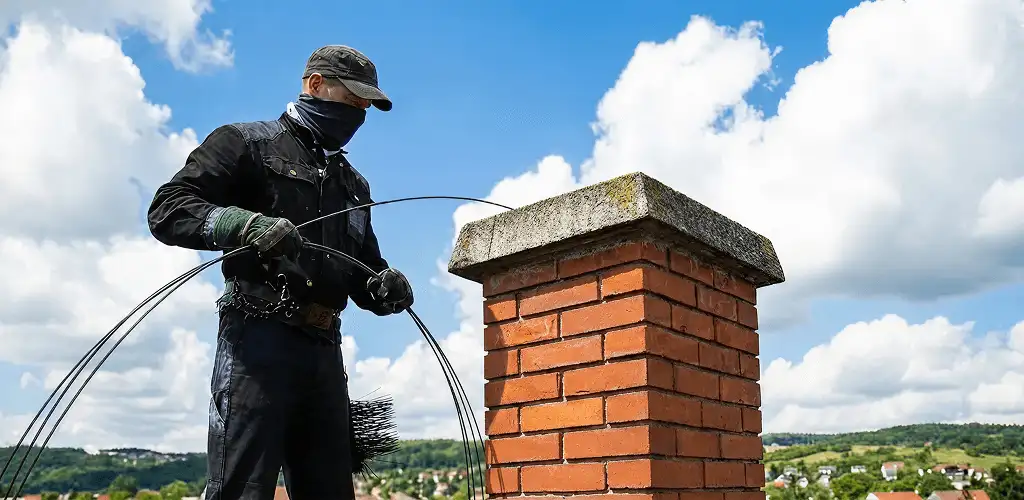 Chimney sweep cleaning a brick chimney with professional tools in Staten Island, NY