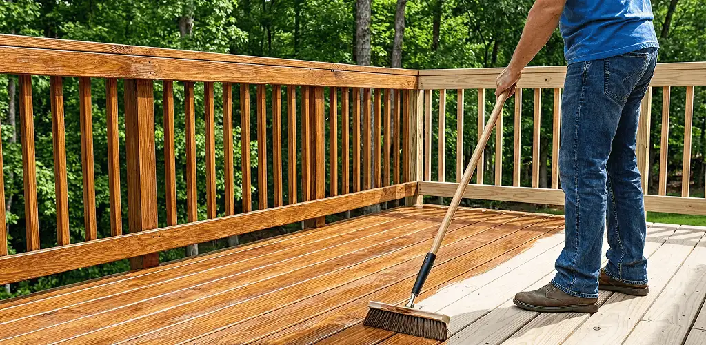 Deck staining and sealing application on a wood deck in Staten Island, NY