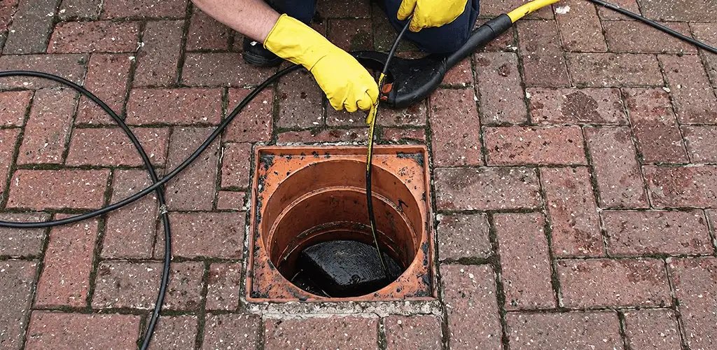 Drain cleaning technician using a drain snake to clear a clogged drain in Staten Island, NY