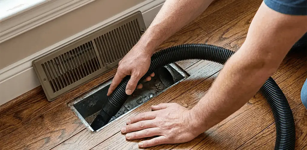 Air duct cleaning technician vacuuming a floor register and duct opening in Staten Island, NY