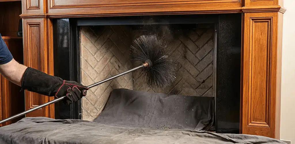 Chimney cleaning service brushing soot from a fireplace and flue in Staten Island, NY