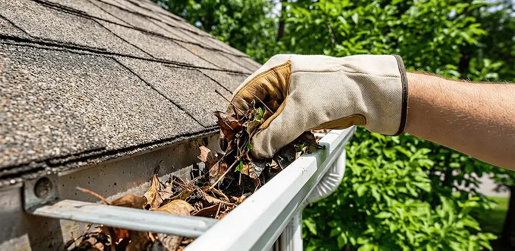 Gutter cleaning removing leaves and debris from roof gutters in Staten Island, NY