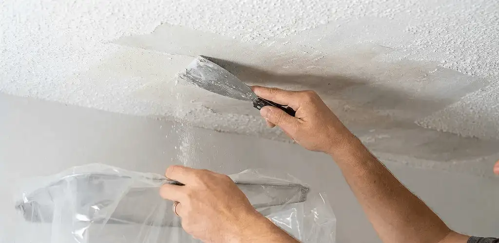 Popcorn ceiling removal technician scraping texture from a ceiling in Staten Island, NY
