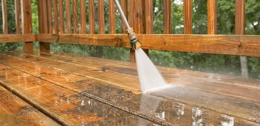 Pressure washing a wood deck to remove dirt and buildup in Staten Island, NY