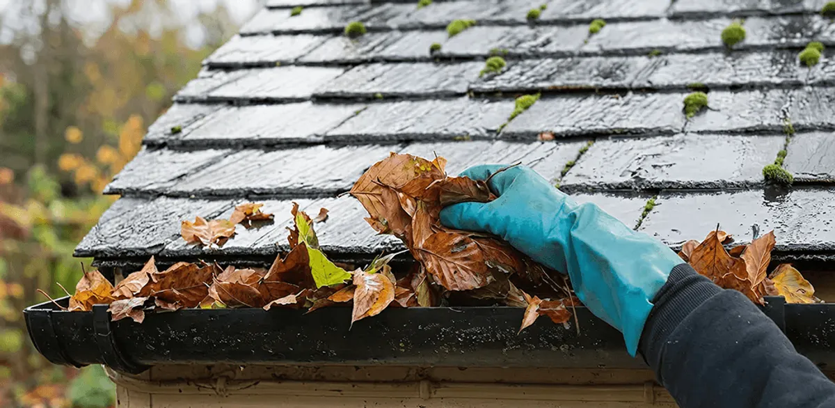 Gutter cleaning technician clearing wet leaves from roof gutters in Staten Island, NY