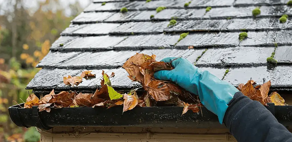 Gutter cleaning technician clearing wet leaves from roof gutters in Staten Island, NY