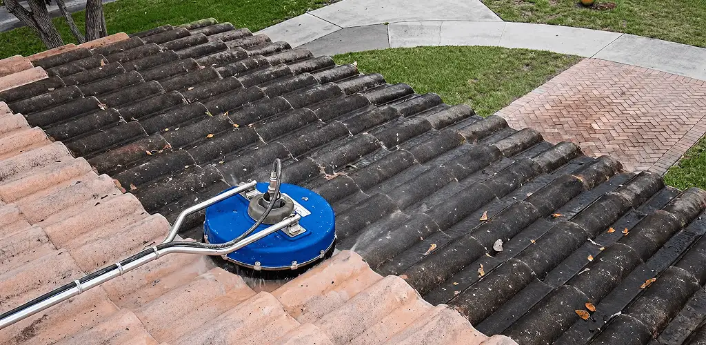 Roof pressure cleaning removing debris and buildup from roof tiles in Staten Island, NY