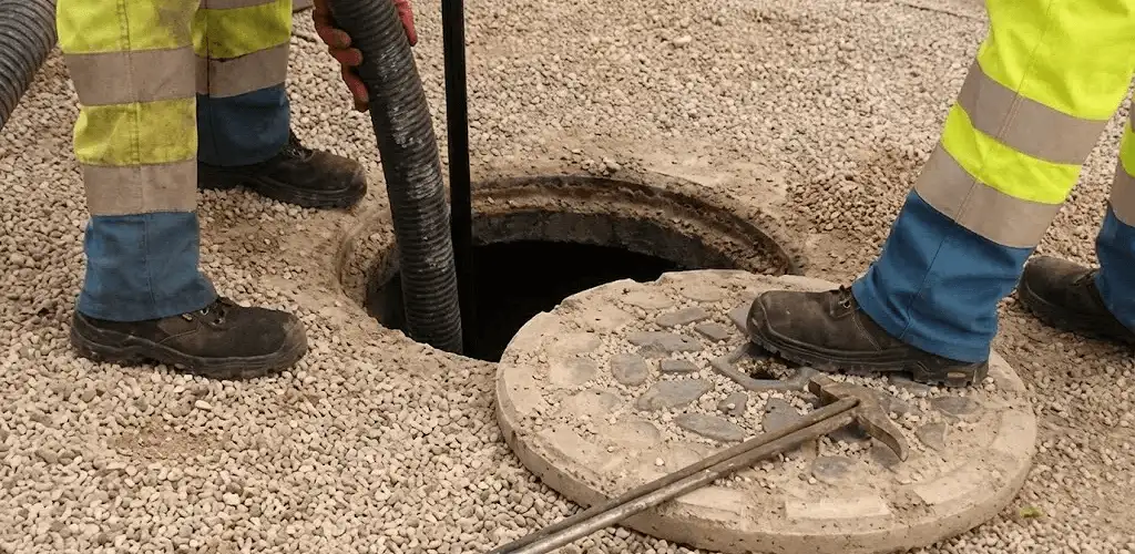 Drain cleaning crew clearing a sewer access point with professional equipment in Staten Island, NY