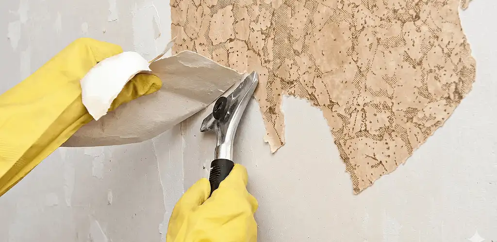 Wallpaper removal service stripping old wallpaper from a wall in Staten Island, NY