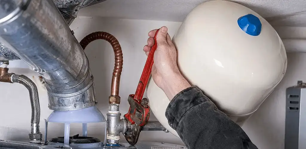 Water heater repair technician tightening plumbing connections near a tank unit in Staten Island, NY