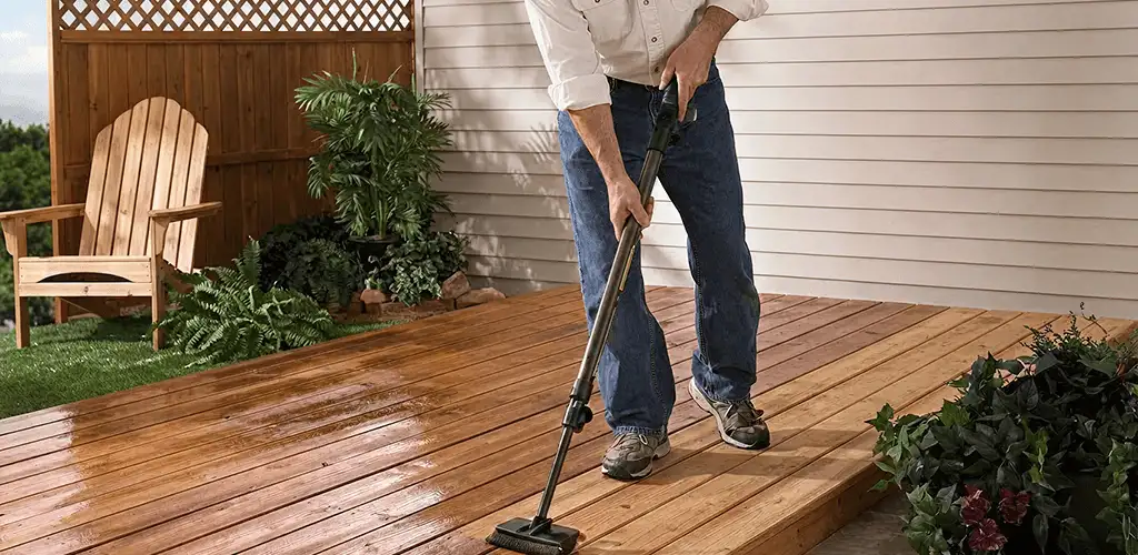 Deck staining service applying stain to a backyard wood deck in Staten Island, NY